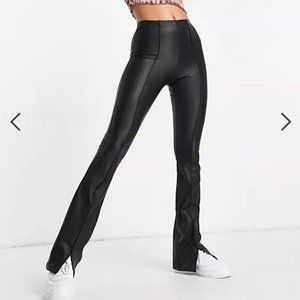 Topshop wetlook split front flared pant in black